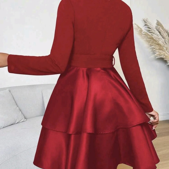 Women Elegant Red Double Hem Mini Dress - Picture 5 of 6